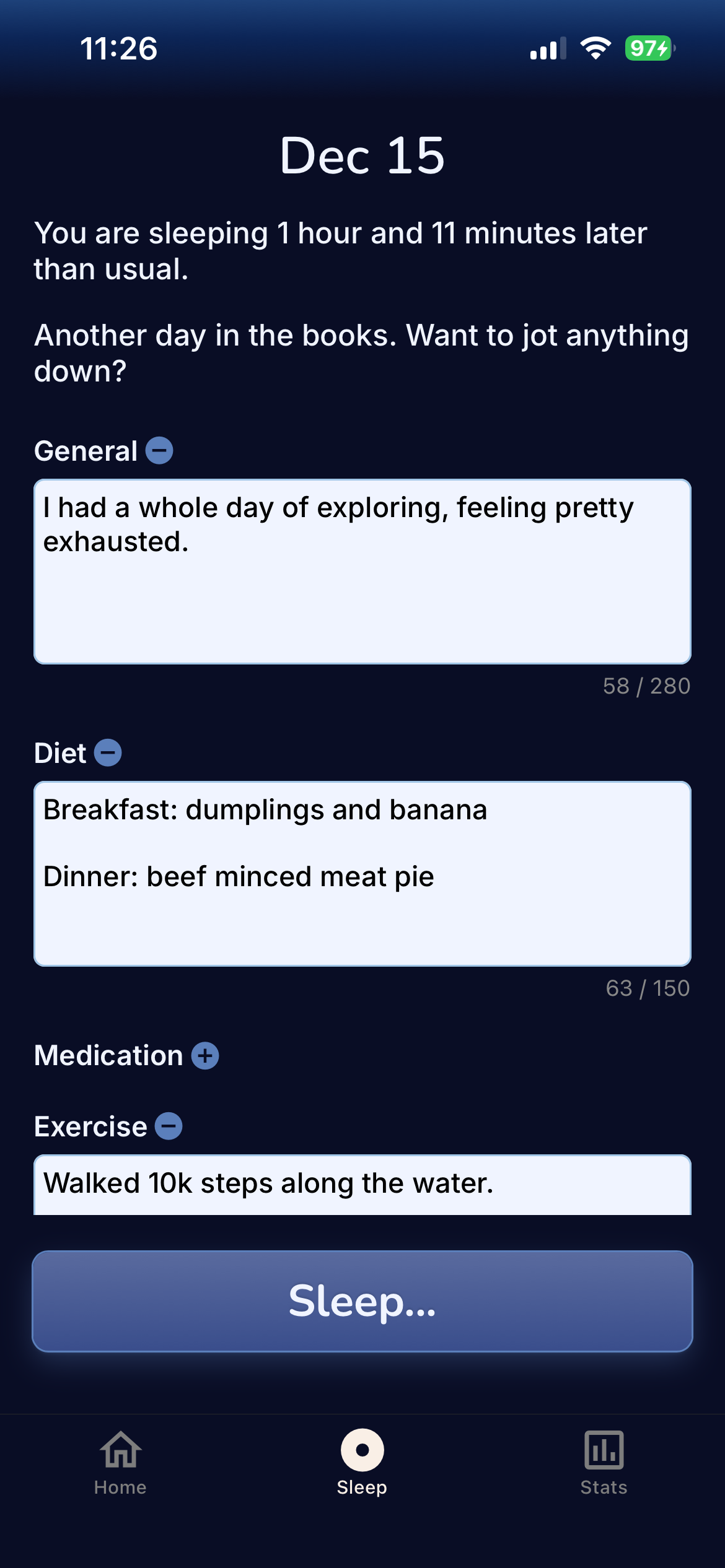 Momoflo sleep page with notes